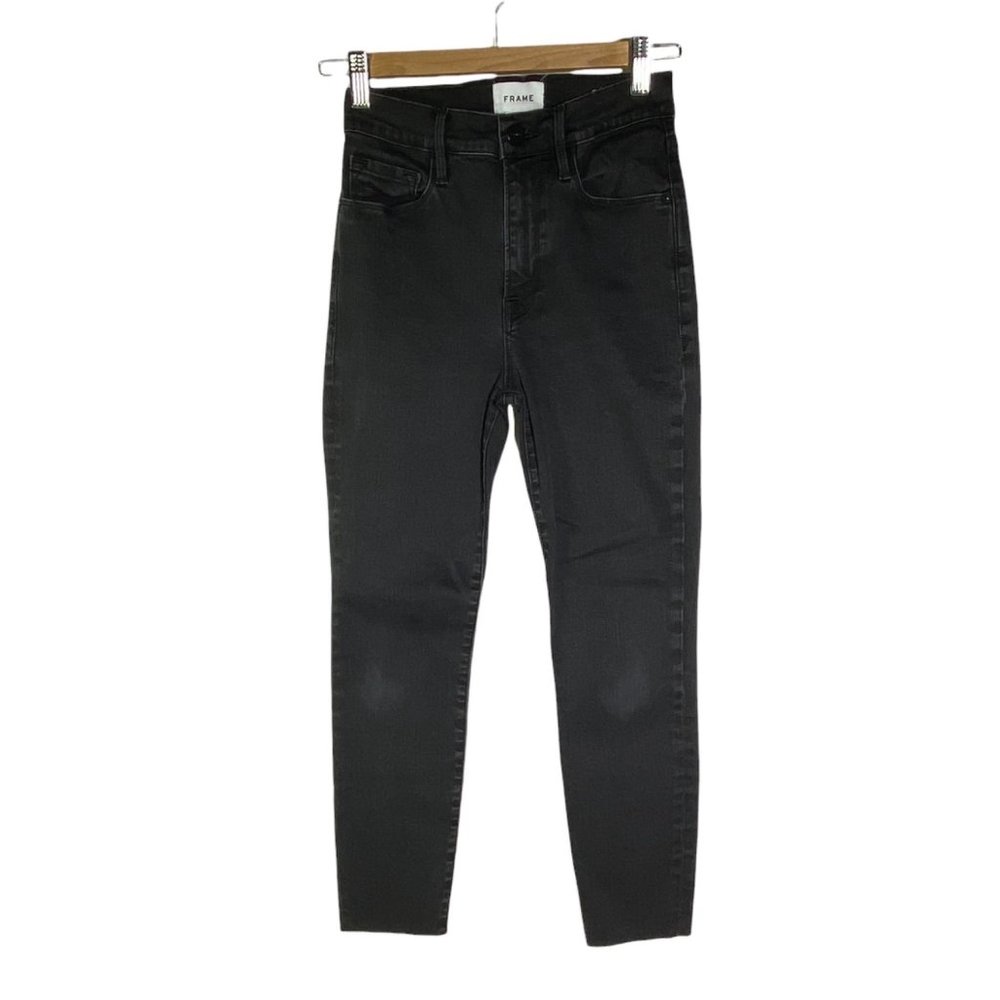 Frame Ali High Rise Cigarette Skinny Stretch Raw Hem Jeans Noir Black 26